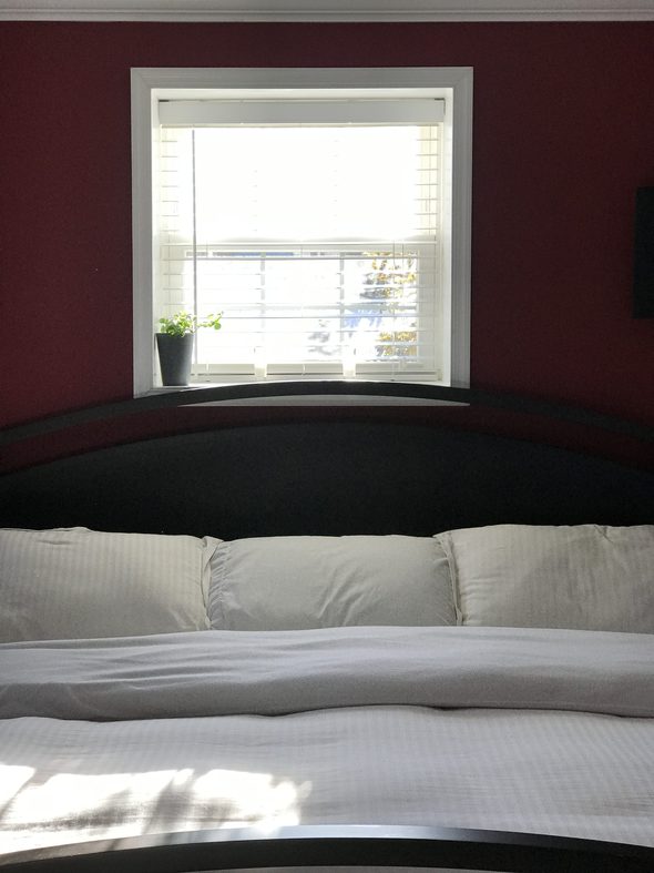 burgundy bedroom with a window.