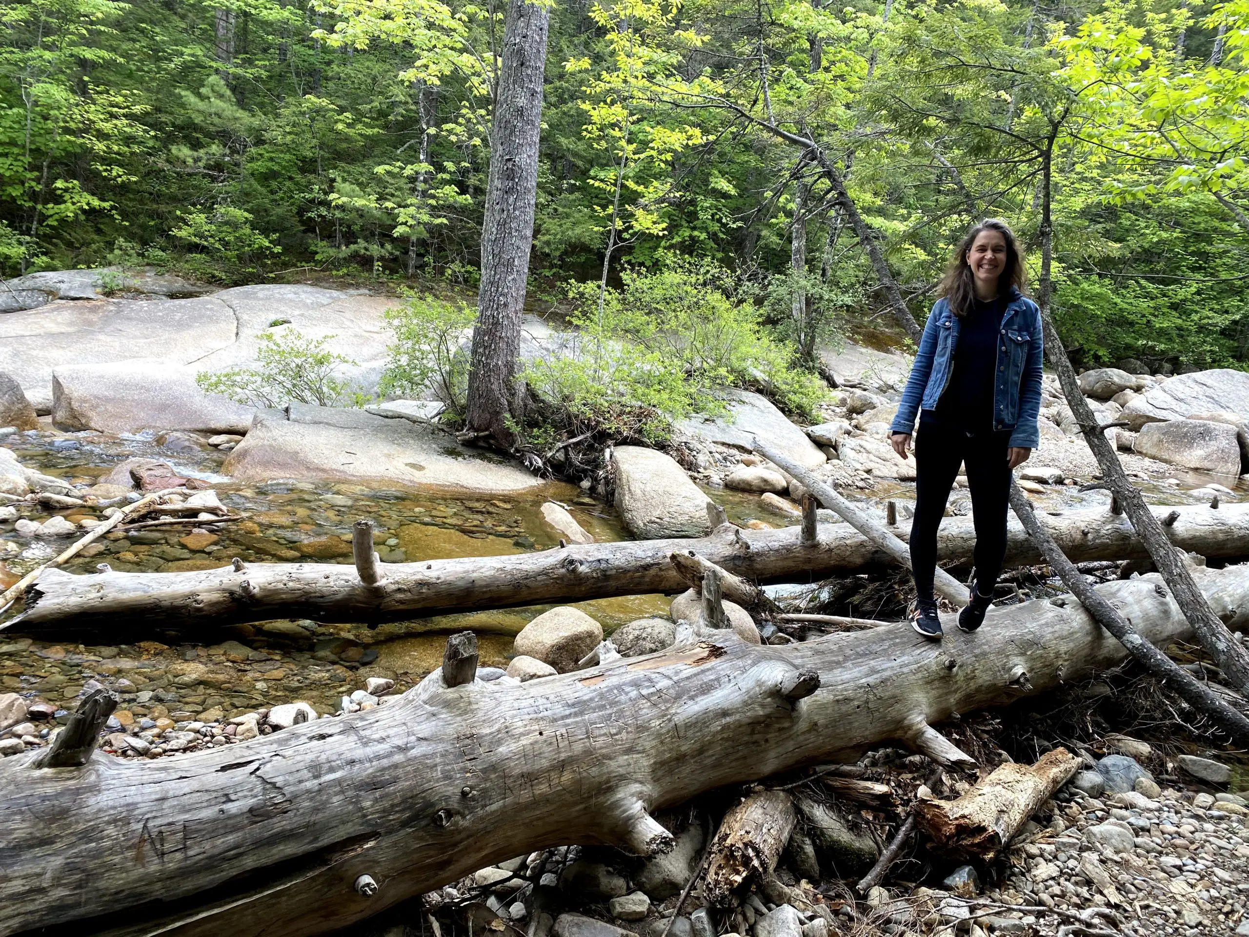 Kristen standing on a log in the woods.