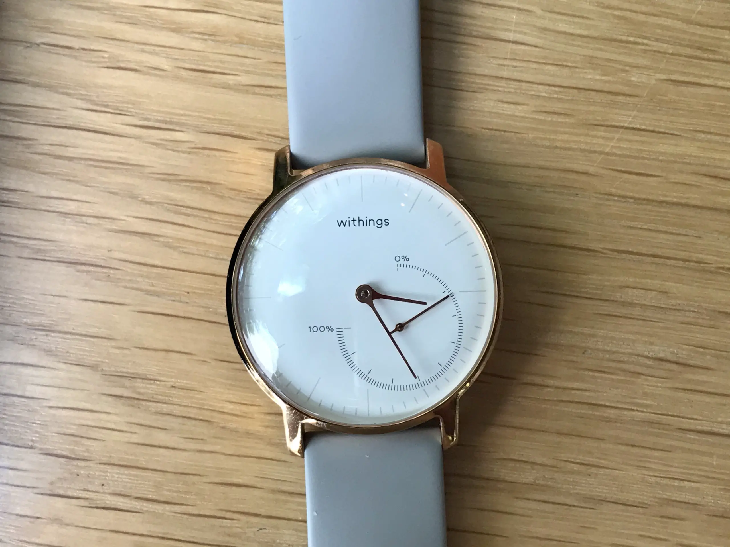 A watch with a white face, gold hardware, and a gray band.