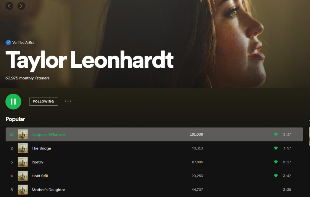 Taylor Leonhardt's Spotify page.