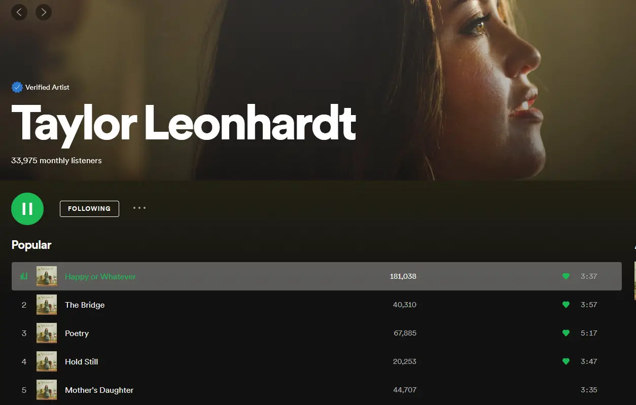 Taylor Leonhardt's Spotify page.