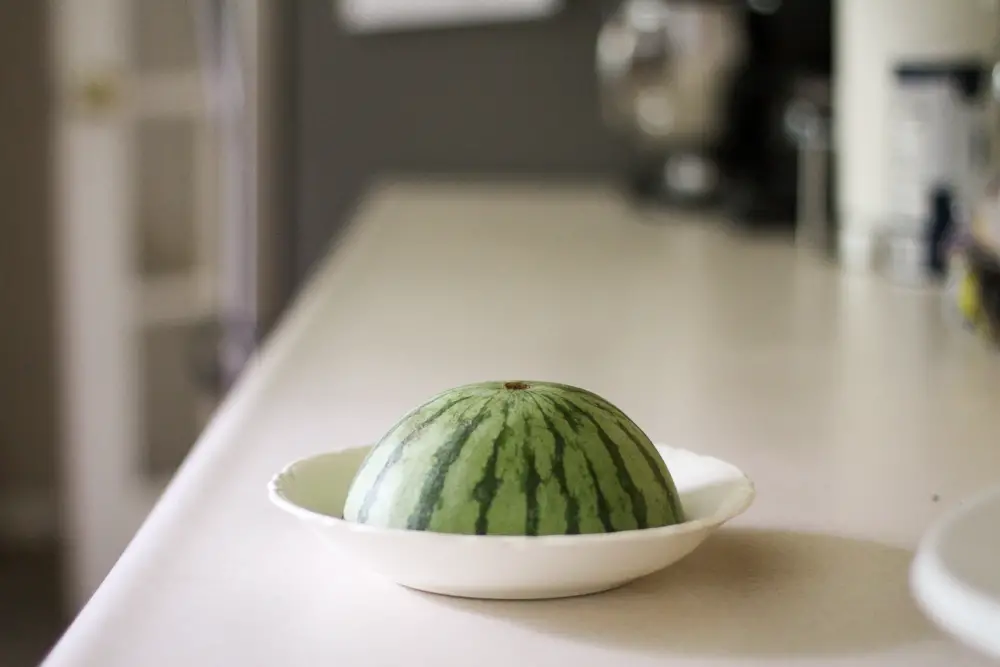 watermelon in a beige bowl.